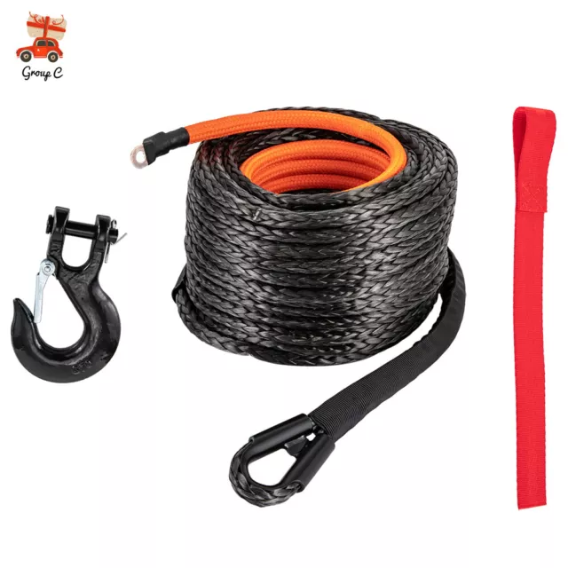 3/8" x 92FT Synthetic Winch Rope w/ Hook 25500LBS Recovery Cable Truck SUV Tow