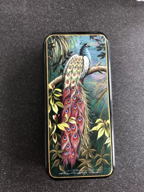 Boîte en bois art de laque russe peinte à la main nacre paon fedoskino