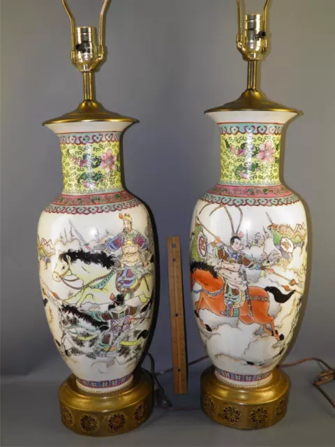 Pr Asian Chinese Famille Rose Battlefield Warriors Qianglong Mark Vases Lamps