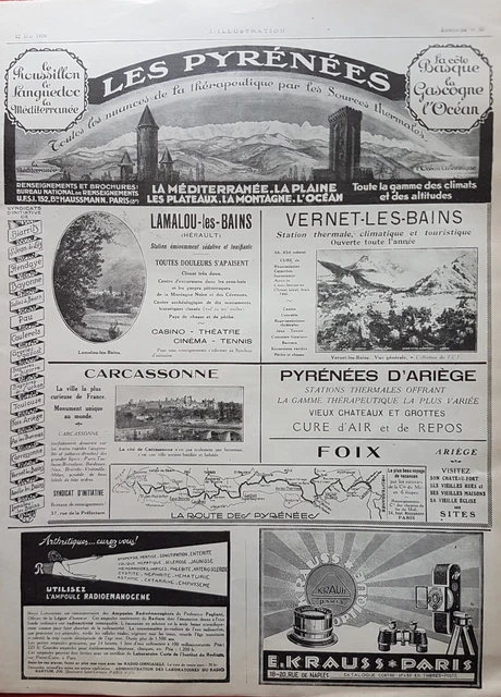 LES PYRENEES Lamalou, Carcassonne, Foix, Vernet  PUBLICITE - AD 1926  Réf : 1776