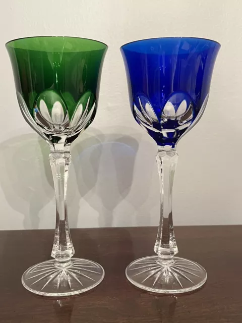 Cut To Clear Crystal Wine Glasses Stems Cobalt Blue & Emerald Green Stunning