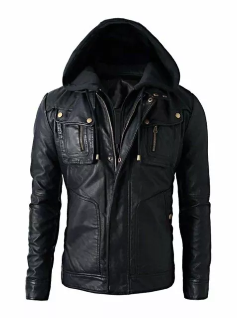 New Mens Brando Style Hoodie Hood Real Leather Jacket Biker Motorcycle Style