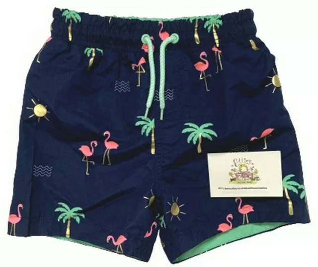 High Street Boys Flamingo Swim Shorts, Swimwear Navy Blue Beach Trunks for Kids