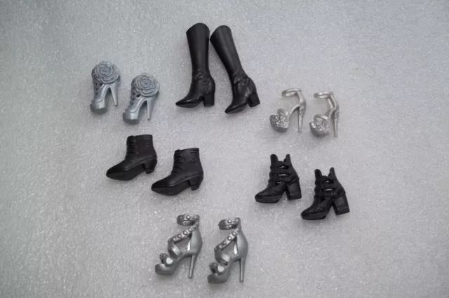 Mattel Modern Barbie Doll 6 Pairs of Silver Black Shoes Lot Heels Sandals Boots