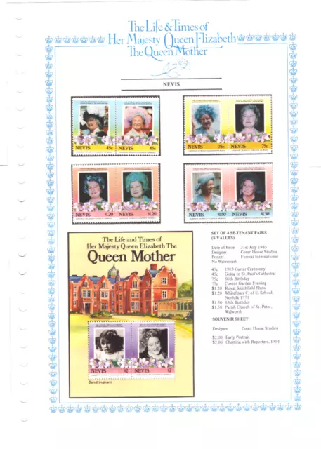 Nevis - Set Of 8 Stamps On Card - Queen Mother - Format - 1985