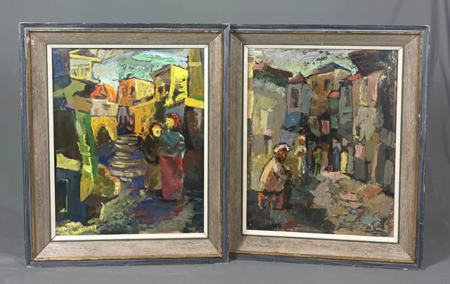 Vintage 1950s Impressionist Oil Paintings Jewish Street Scenes by Jona Mach