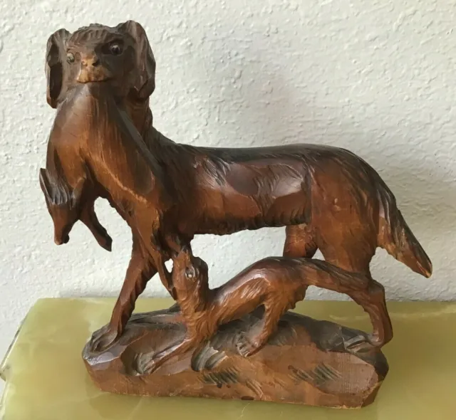 Antique FOLK ART Hand Carved Mahogany Wood Carving Hunt Dogs
