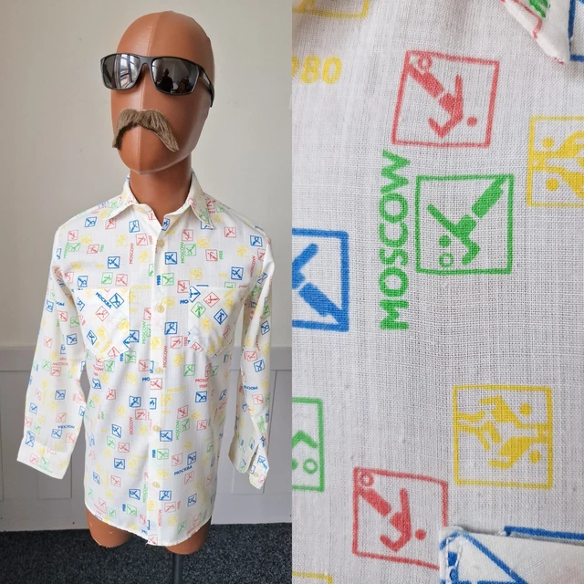 Camicia vintage Mosca 1980 Giochi Olimpici | XS/Small | Miscela cotone bianco ZE51