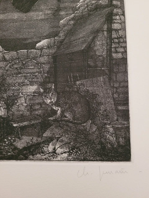 Lithographie signée et numérotée décor d'oiseau et de chat signature à identifie 8