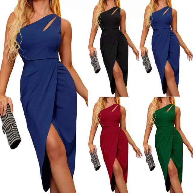 Women One Shoulder Thigh Slit Midi Dress Sexy Lady Evening Party Cocktail Dress