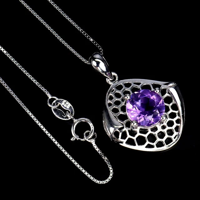 Unheated Round Amethyst 8mm 14K White Gold Plate 925 Sterling Silver Necklace 18