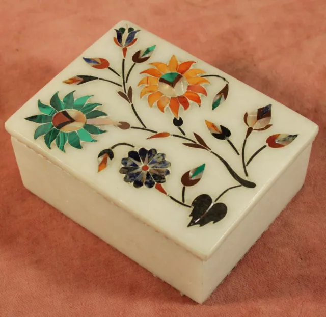 PRETTY INLAID STONE BOX PIETRA DURA FLORAL with mother of pearl details