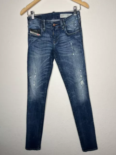 Diesel Super Slim Skinny Jeans Womens Size 26 X 32 Blue Grupee 0661S Distressed