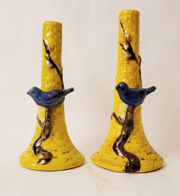 Vintage Mid CENTURY Pottery Hand Made Bud Vases Bluebirds Asian Style Motif