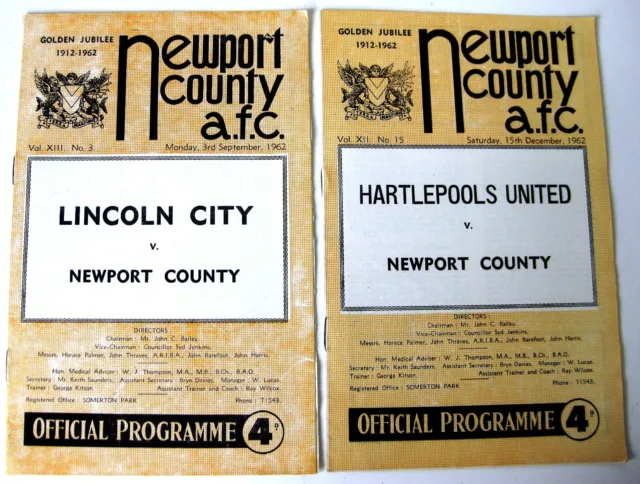 Newport County v Lincoln City/Hartlepools Utd. 1962/63 Div. 4 - 2 programmes.