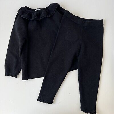 Zara 2-3 Years Baby Girls Black Ruffle Knit Jumper Leggings Set Outfit