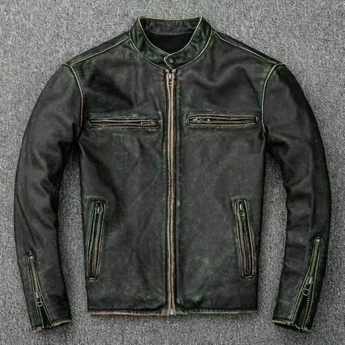 Men’s Motorcycle Biker Vintage Cafe Racer Distressed Black Real Leather Jacket