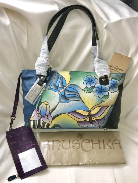 ANUSCHKA NWT🦋RARE Twin Zip Top Tote+Organizer Wallet-Butterfly Glass Painting