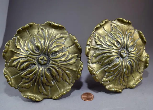 Antique Pair Of Large 5" Brass Floral Flower Curtain Tie Backs Rosette Impressiv