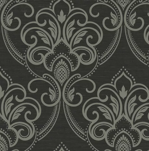 Wallpaper Designer Traditional Gray Glitter Damask on Black Background