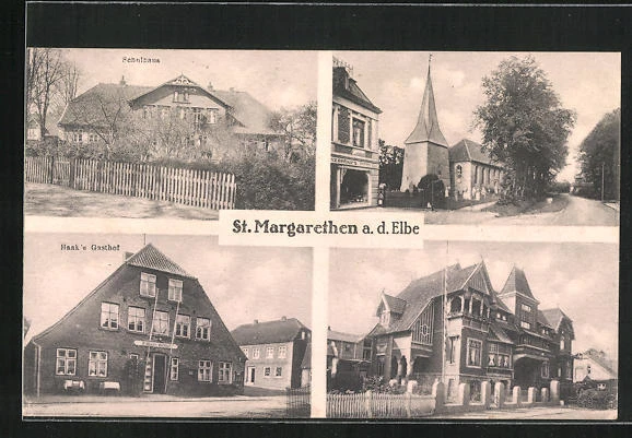 AK St. Margarethen /Elbe, Haak´s Gasthof, Straßenpartie mit Kirche, Schulhaus