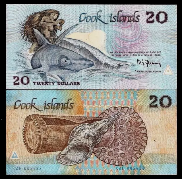 Cook Islands 20 DOLLARS P-5B 1987 SHARK TURTLE Rare Sign UNC World Currency NOTE