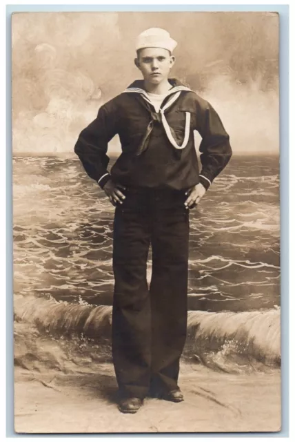 US Navy Sailor Postcard RPPC Photo Beach Scene c1910's Unposted Antique