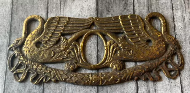 Antique 1810 Lock Brass Keyhole Cover Plate Lock Skeleton Key Escutcheon w/Swans