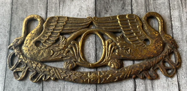 Antique 1810 Lock Brass Keyhole Cover Plate Lock Skeleton Key Escutcheon w/Swans
