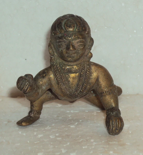 Antico Indiano Ritual Ottone Dio Bambino Krishna Crawling Laddu Gopal # WH