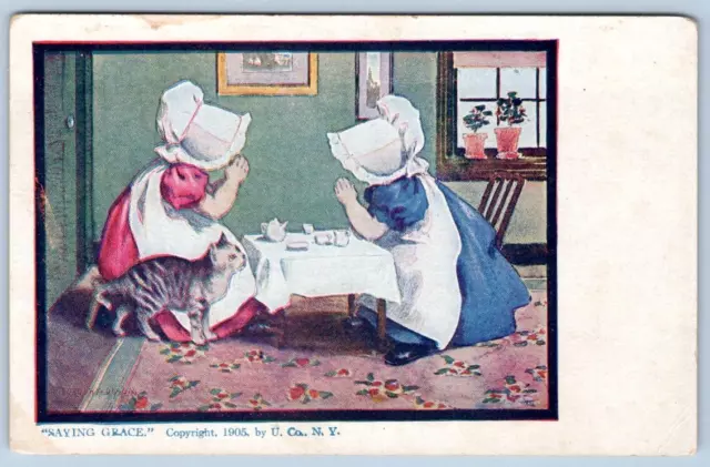 1905 Sunbonnet Girls Praying Saying Grace Ullman Mfg Co Antique Postcard