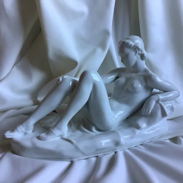 Antique Nude Lady Girl Female Signed Porcelain Figurine Art Statue Beach Sun Top