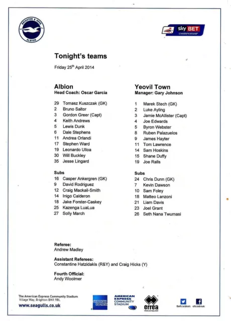 Teamsheet - Brighton & Hove Albion v Yeovil Town 2013/14 (25 Apr)