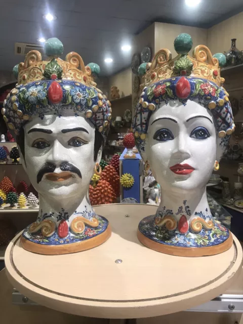 Ceramiche Di Caltagirone Coppia Di Teste Di Mori Lavorate A Mano Made In Sicily