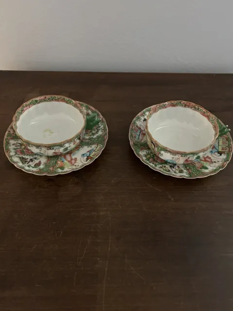 Pair Antique Chinese Export Rose Medallion Cups & Saucers Green Leaf Handles
