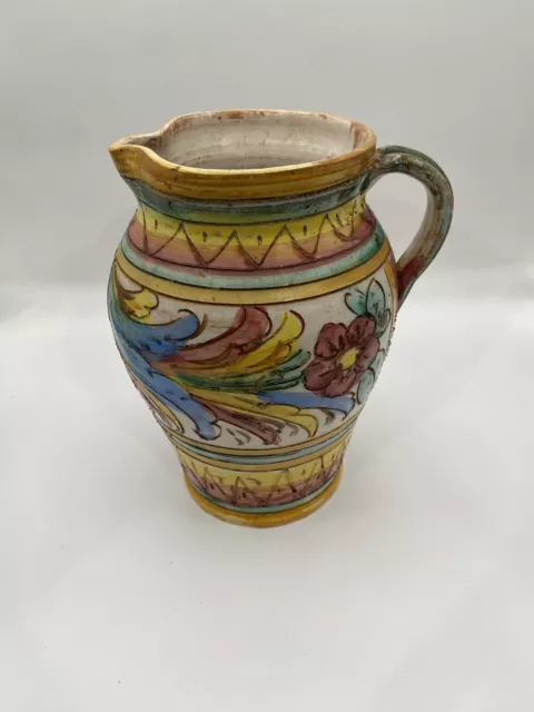 VINTAGE Majolica Pottery pitcher MCM Italian Sgraffito Signed Made In ITALY