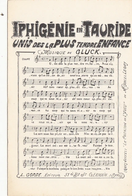 CPA PARTITION MUSICALE & PAROLES MUSIQUE CHANSON iphigénie en tauride gluck