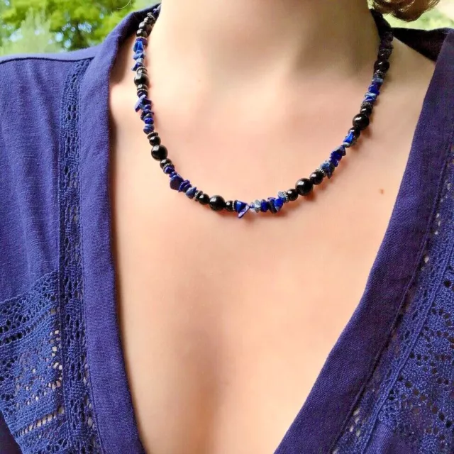 Collier Homme Femme Perles Naturelle pierres Lapis Lazuli - Obsidienne - Tibet