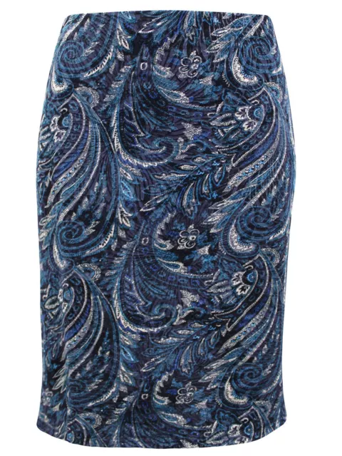 M&Co Navy Blue Velvet Skirt Paisley Swirl Design Stretch Pull On Knee Length