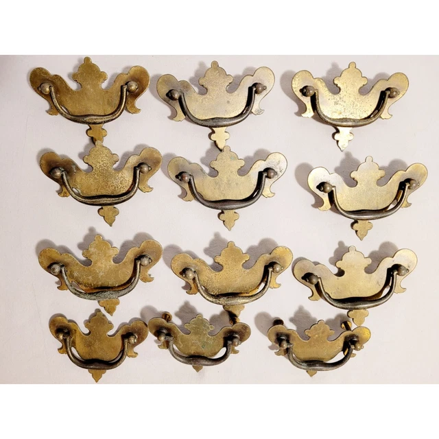 12 Antique Vintage Brass Bail Batwing Chippendale Drawer Pull Handle Lot *READ*