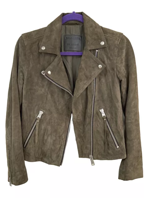 ALL SAINTS Women’s Suede Leather Motorcycle Moto Jacket  Green Zip Up Size 4 US