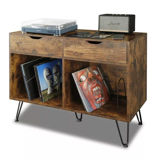 Vinyl Record Player Stand Album Storage Cabinet w/Power Port LP Turntable Table