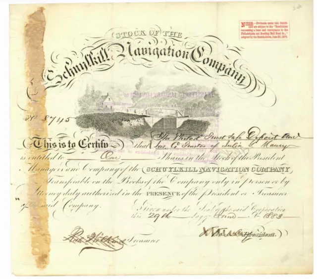 Schuylkill Navigation Company. Stock Certificate. 1883