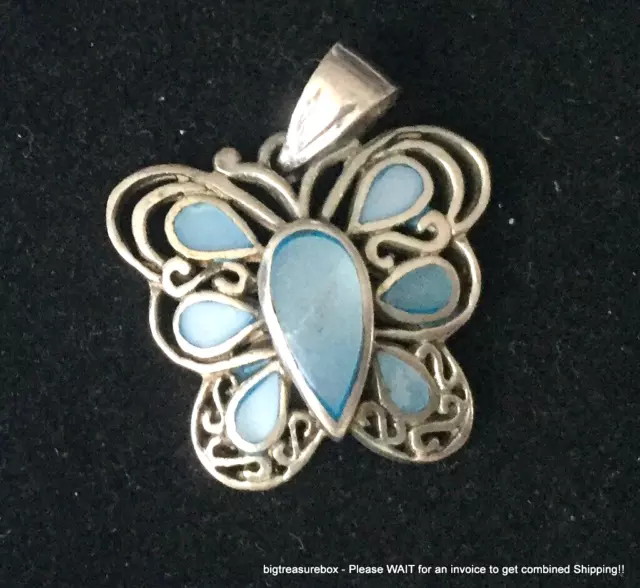Vintage Necklace Pendant MARKED 925 STERLING SILVER Butterfly Shell Blue lot y