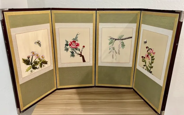 Vintage Wall Art Oriental Floral Flower Embroidery Crewel Work Four Panel Screen
