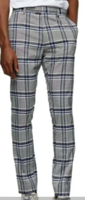 Men's Topman Highland Skinny Fit Flat Front Plaid Pants Size W32 x L32 Blue NWT