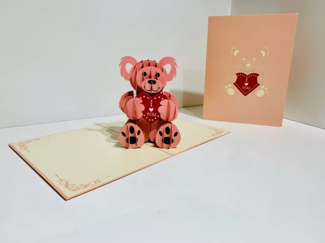 OrigamiPopCards.com Pink Love Teddy Bear 3D Pop Up Greeting Card Birthday Blank 2