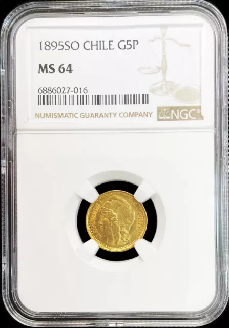 1895 So Gold Chile 5 Pesos Standing Liberty Coin Santiago Mint Ngc Mint State 64