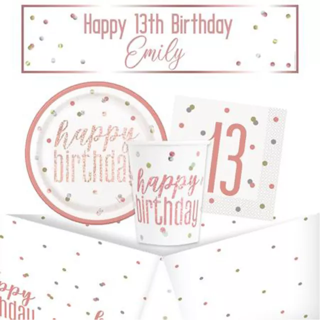 Rose Gold 13th Birthday Glitz Tableware Pack for 8 with FREE Personalised Banner