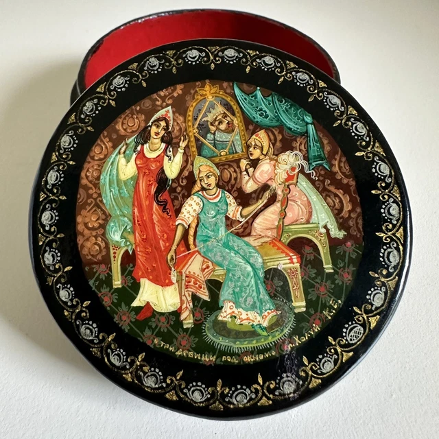 VINTAGE BLACK GOLD Hand Three Ladies King Painted Signed Miniature